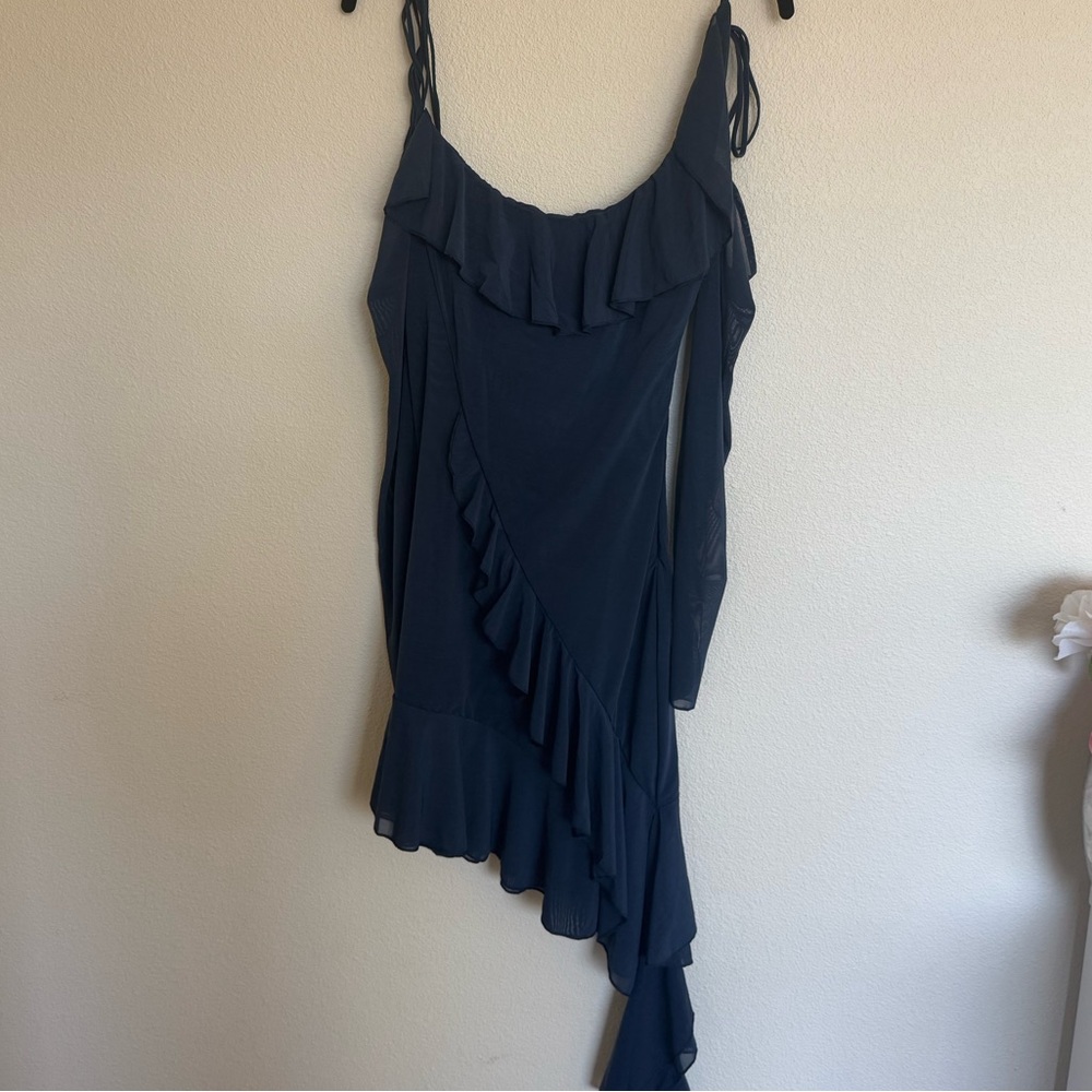 House of CB Kiki French Navy Ruffle Mini Dress Blue XS Tall Asymmetrical Mesh - Picture 4 of 10
